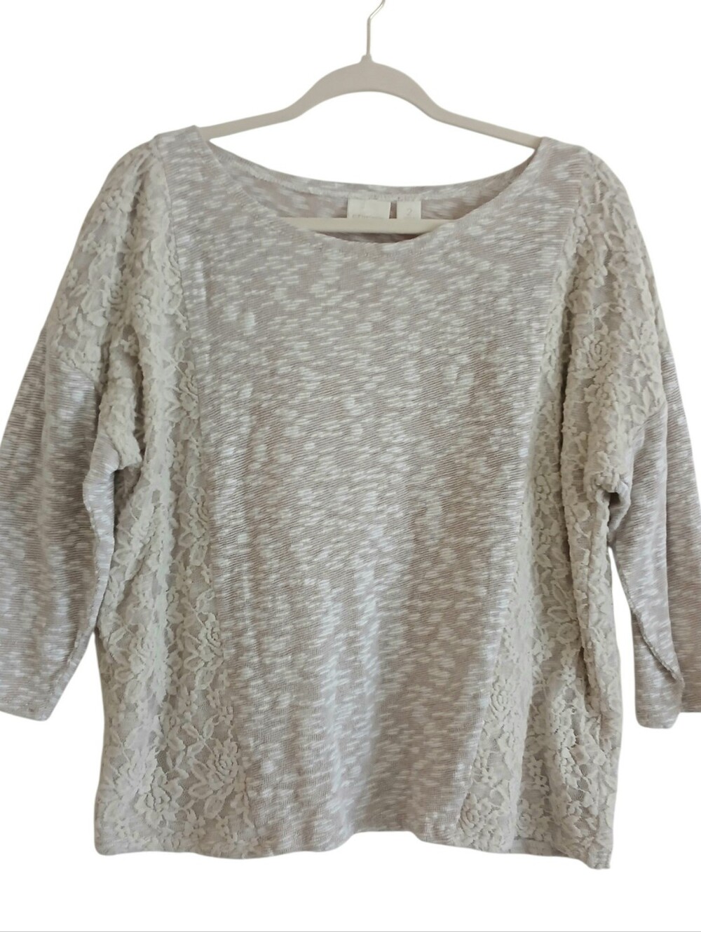 CHICO'S Boxy Boatneck Lace Overlay Top Women's L Cream Slouchy Dolman Sleeve